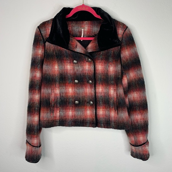 plaid faux shearling lined wool blend trucker jacket